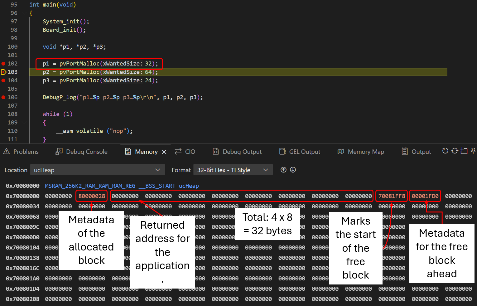 Didactic example of internal and external fragmentation in a heap