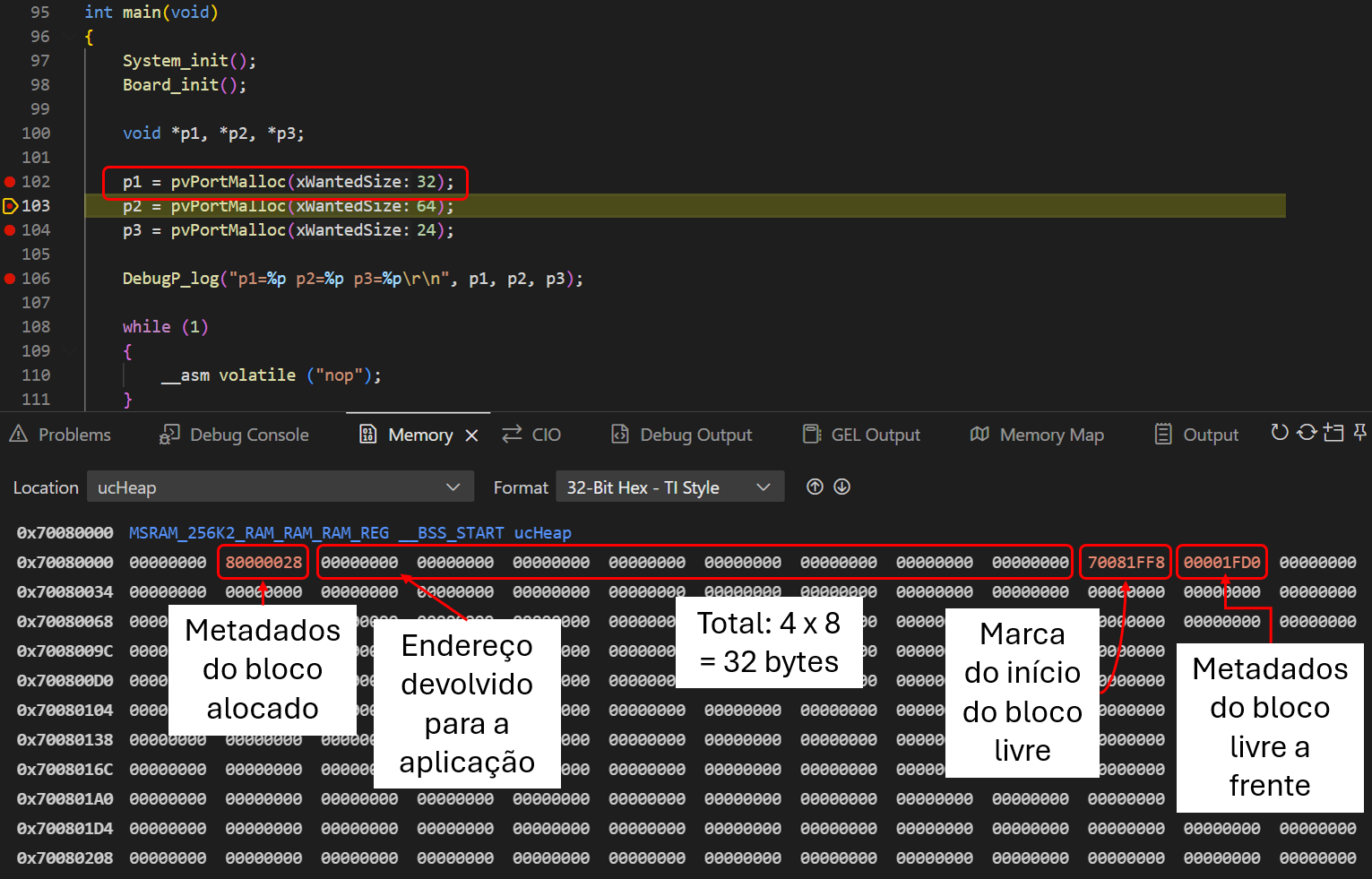 Exemplo didático de fragmentação interna e externa em um heap