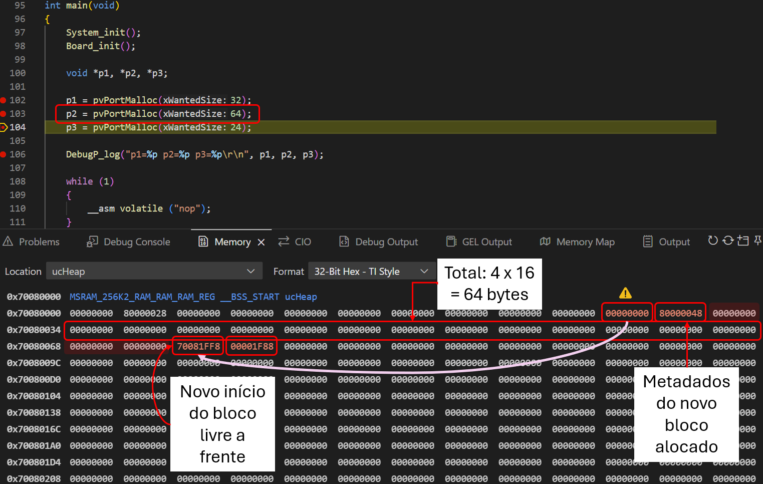 Exemplo didático de fragmentação interna e externa em um heap